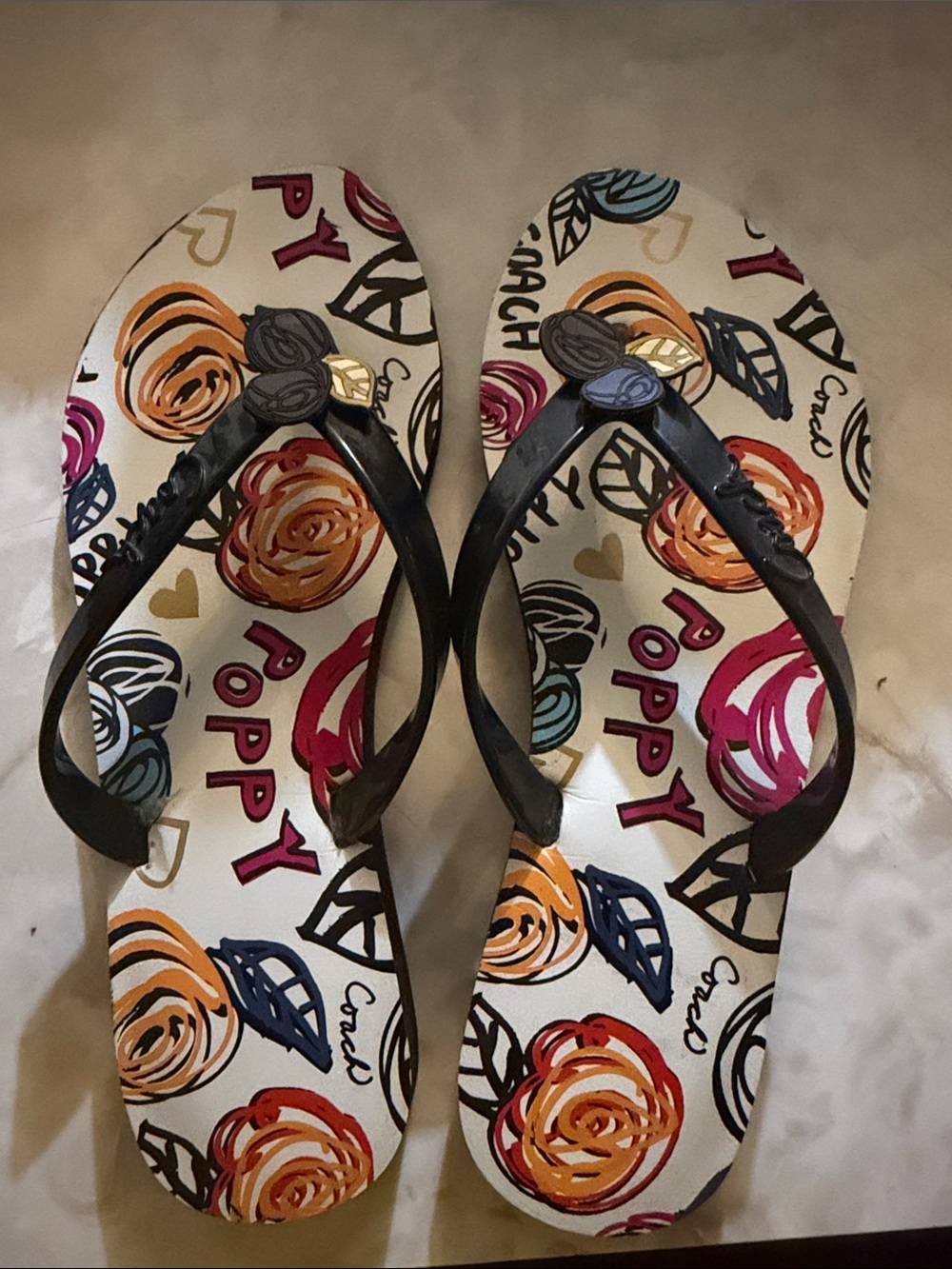 Poppy Floral Print Flip Flops with Black Straps coach